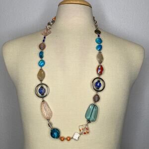 Chico’s Long Glass Splash Statement Necklace Colorful Silver-Tone Beads NWT OS